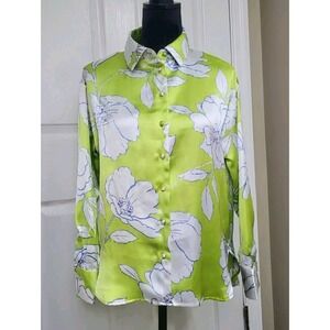 Bailey 44 Satin Blouse Women's S Lime Green White Floral Long Sleeve Button Up